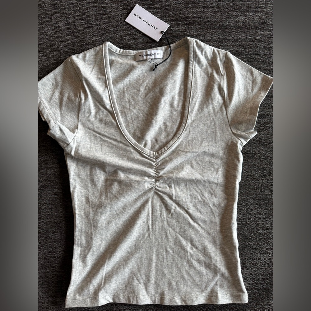 NWT WeWoreWhat Ruched Gray Women’s Tee T-shirt Cotton Jersey Fitted. New